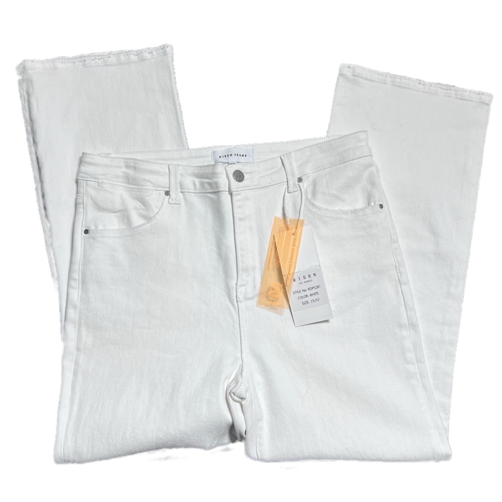 NWT Risen Jeans Women White Wide Leg Crop Frayed Hem‎ Distressed Patch Size 32